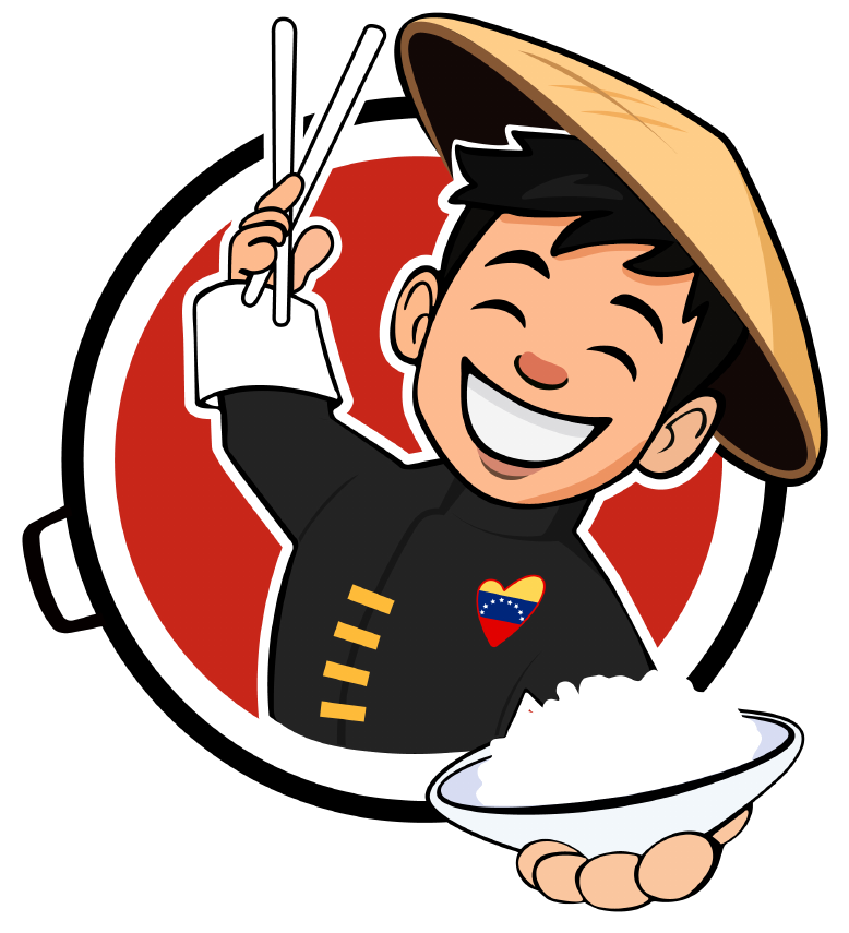Mascota de El Chino Venezolano con sombrero, sonriendo y sirviendo arroz
